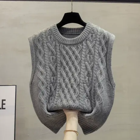 粗针圆领针织马甲背心女2023秋装新款宽松外穿马夹叠穿短毛衣坎肩商品大图