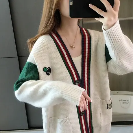 2023年秋季新款针织衫女开衫韩版宽松毛衣外套上衣洋气慵懒风外穿图片