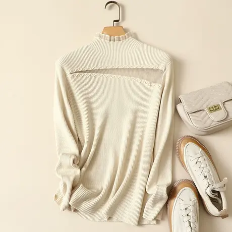 春装2023年新款蕾丝拼接半高领女士内搭针织显瘦洋气打底衫毛衣女商品大图