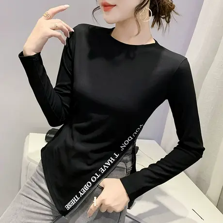 时尚拉链开叉T恤女长袖春秋设计感小众不规则上衣洋气百搭打底衫商品大图