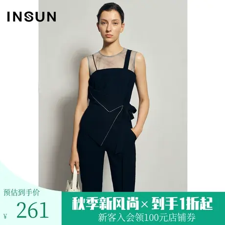 恩裳夏季拼接半透网纱蕾丝衫无袖收腰修身不规则上衣女图片