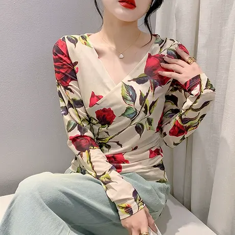 时尚气质印花T恤女长袖性感V领网纱交叉上衣秋冬内搭显瘦打底衫潮商品大图