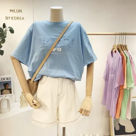 简约字母纯色T恤2021新款夏季韩国东大门质感短袖显瘦遮肉姐妹装商品大图