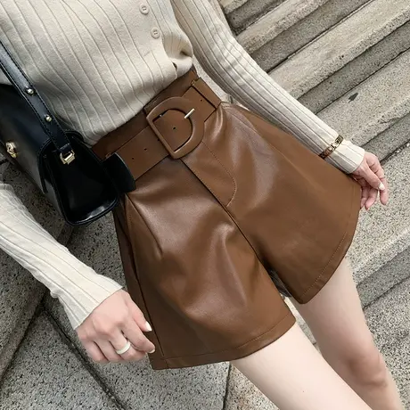 咖色高腰a字春秋款pu皮裤女秋冬2022年新款爆款阔腿棕色短裤外穿图片