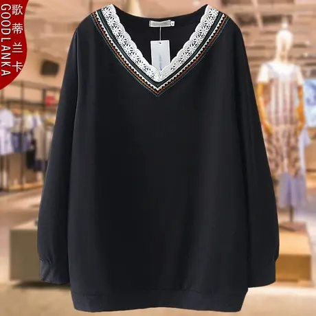 加肥加大码卫衣女宽松200斤洋气时尚中年40-50岁妈妈蕾丝拼接上衣图片