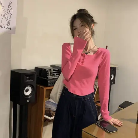 小众设计感玫红色长袖T恤女装秋季修身小心机针织衫ins短款上衣潮商品大图