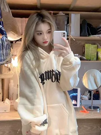 oversize潮牌卫衣女秋冬小个子高级感上衣慵懒风加绒加厚连帽外套商品大图