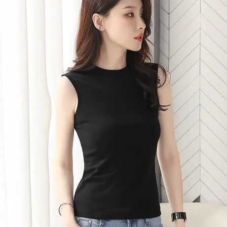黑色小高领无袖t恤女大码夏季罗纹内搭外穿紧身显瘦立领打底背心图片