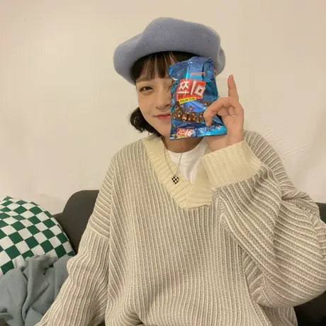 红续小众设计感条纹V领毛衣女针织衫宽松显瘦韩版针织衫ins潮外套商品大图