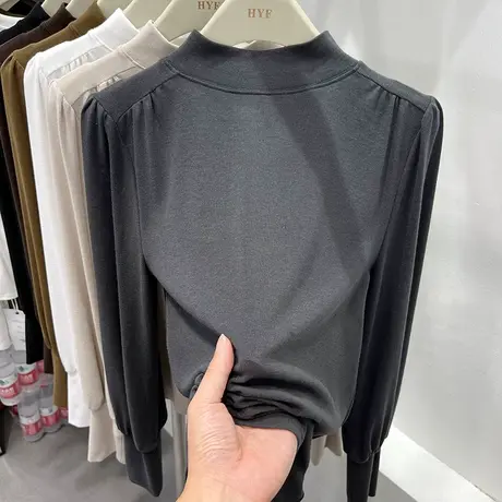 亲肤软糯复古泡泡袖长袖T恤女2022秋装新款洋气漂亮打底小衫上衣图片