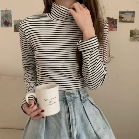 洋气条纹堆堆高领内搭打底衫长袖t恤女黑色上衣修身港味2023春秋商品大图