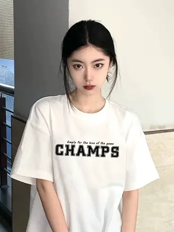 外贸大码2023年美式复古短袖T恤女夏季字母印花上衣宽松半袖商品大图