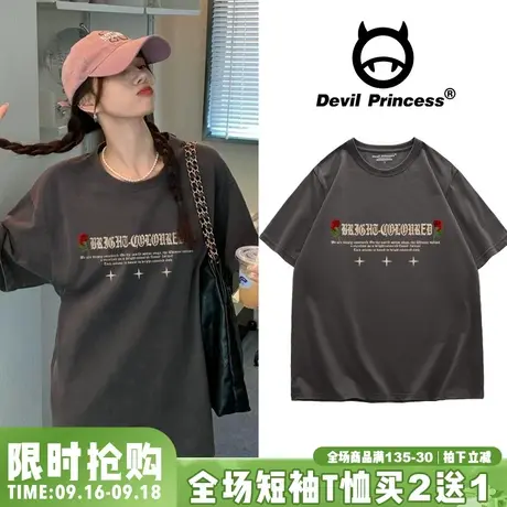 深灰色T恤女美式复古风高级感夏季纯棉小众超火ulzzang正肩上衣潮商品大图