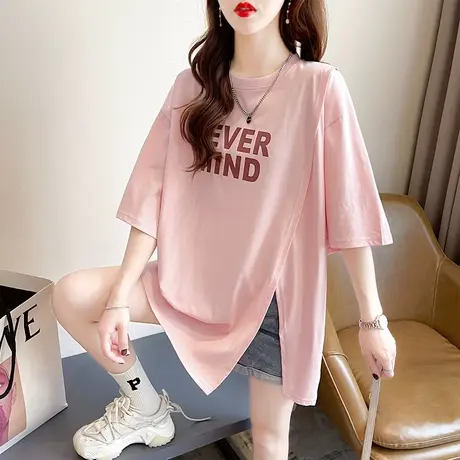 小个子短袖t恤女夏韩版宽松大码女装中长款百搭不规则开叉上衣服图片