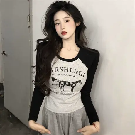 美式复古撞色插肩长袖T恤女秋季洋气减龄百搭修身纯棉打底衫上衣商品大图