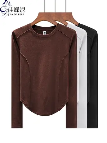 春秋新款圆领修身下摆圆弧纯欲压线纯棉纯色长袖体恤上衣内搭女装图片