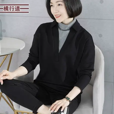 2023新款冬装假两件高领宽松中年妈妈长袖T恤女纯色拼接韩版上衣商品大图