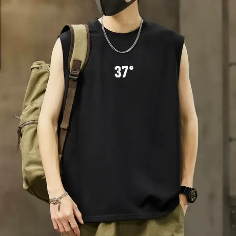 夏季纯棉t圆领无袖t恤男生2023新款运动训练健身跑步背心男士上衣商品大图