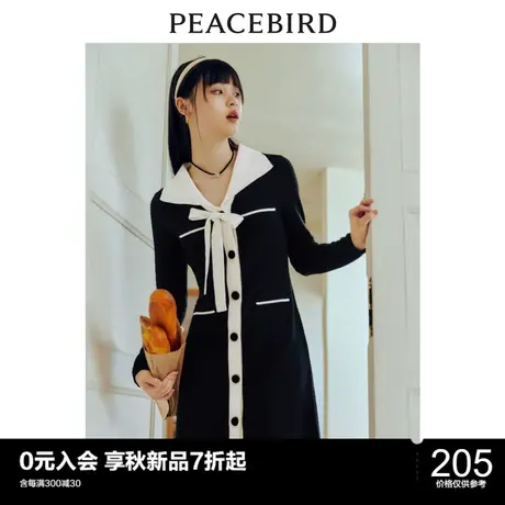 太平鸟撞色小香风连衣裙女秋季新款系带针织连衣裙黑色毛衫裙图片