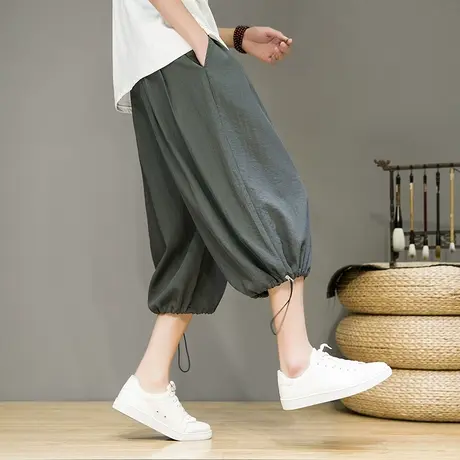 冰丝七分裤男夏季宽松阔腿裤中国风大码胖子灯笼裤直筒休闲短裤商品大图