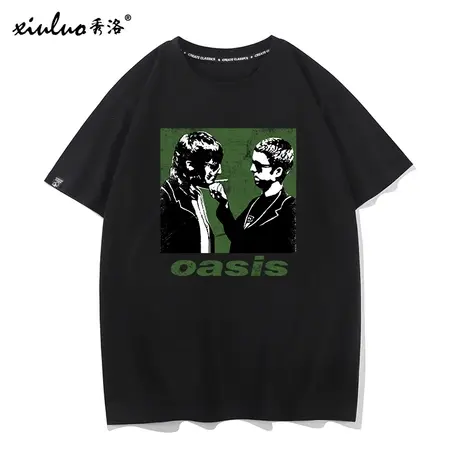 秀洛Oasis乐队摇滚美式复古着黑色短袖T恤男衣服纯棉半袖打底衫男图片