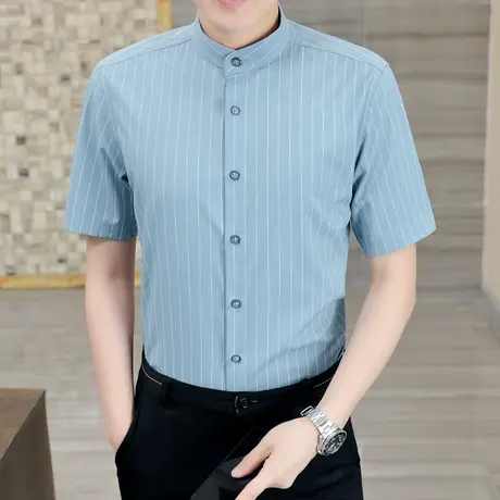 衬衫男短袖夏季薄款高级感条纹男士半袖衬衣潮流痞帅职业装白寸衫商品大图