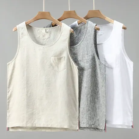 亚麻背心男夏季薄款男士白色棉麻坎肩大码宽松沙滩麻布无袖T恤潮图片