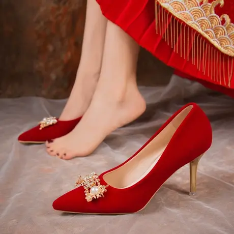秀禾服结婚鞋子2023年新款春秋粗跟新娘鞋中式礼服孕妇可穿不累脚商品大图