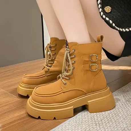显脚小中筒靴女款春秋复古网红爆款踢不烂大黄靴女新款厚底马丁靴图片