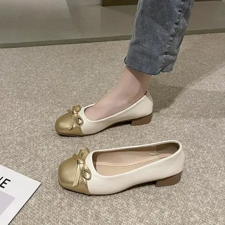 玛丽珍鞋女夏季2023新款蝴蝶结浅口单鞋小香风复古法式粗跟小皮鞋商品大图