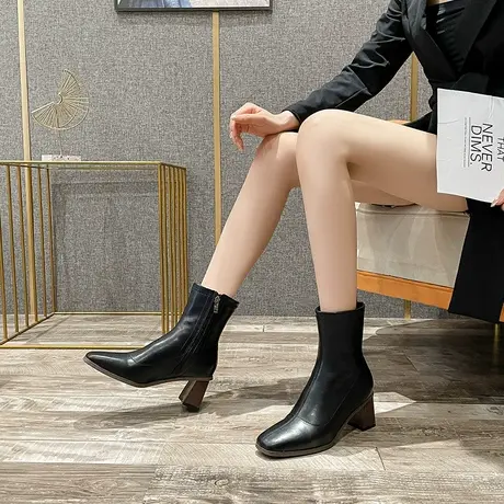 短筒瘦瘦靴女粗跟2022年秋冬新款时尚方头百搭裸靴高跟气质马丁靴图片