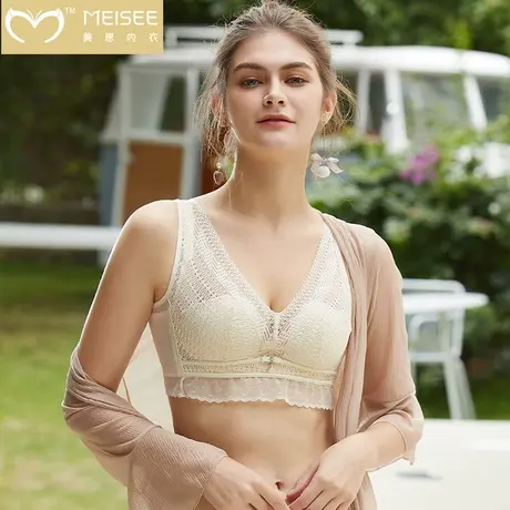 美思夏季薄款内衣女大胸显小兔耳朵防凸点水晶杯文胸无钢圈胸罩图片