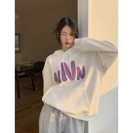 大码慵懒美式印花连帽卫衣女春秋款胖mm宽松oversize上衣2-300斤商品大图