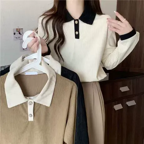 长袖polo领辣妹针织衫女薄款2024早秋季新款宽松翻领打底小衫上衣图片