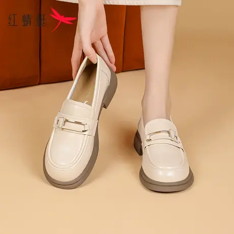 红蜻蜓黑色英伦风小皮鞋女夏季2023新款粗跟一脚蹬女鞋真皮乐福鞋商品大图
