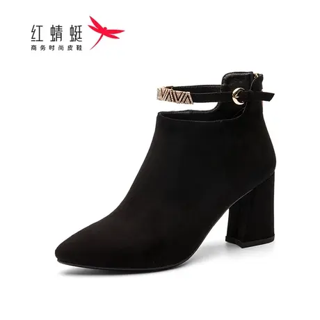红蜻蜓女鞋短靴秋冬新款尖头高跟鞋粗跟时尚百搭水钻绒面软皮舒适商品大图