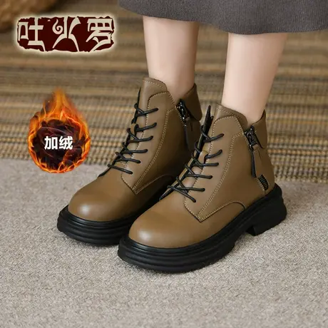 吐火罗短靴女2022秋季新款圆头时尚马丁靴牛皮复古休闲鞋圆头单靴商品大图