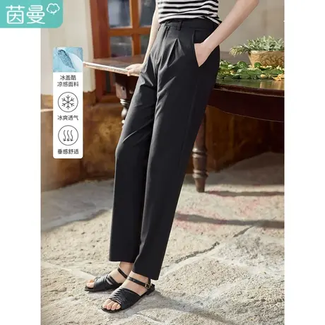 茵曼复古通勤九分裤2023夏季女装新款松紧腰显瘦直筒高腰休闲裤商品大图