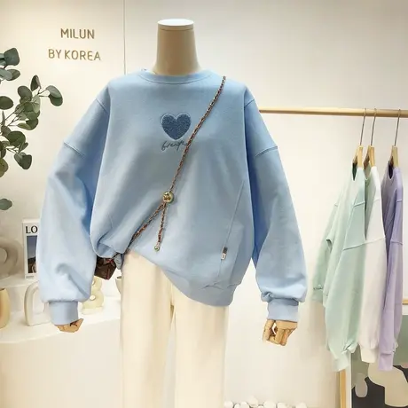 2021秋季新款韩国东大门ins刺绣字母套头圆领卫衣百搭纯色大码潮商品大图