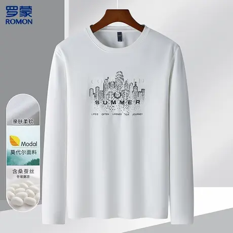罗蒙含桑蚕丝植绒绣花t恤男莫代尔长袖上衣男春秋装男士长袖t恤图片