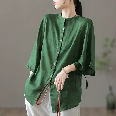 dza 复古薄款喇叭七分袖苎麻衬衫夏季薄款开衫气质漂亮棉麻上衣女商品大图