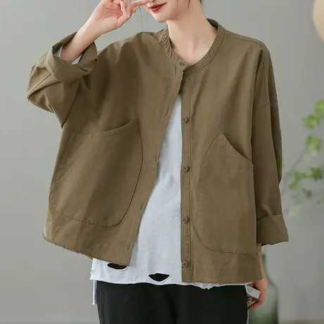 dza 复古女士短外套秋季新款宽松风衣休闲工装夹克棒球领开衫上衣商品大图