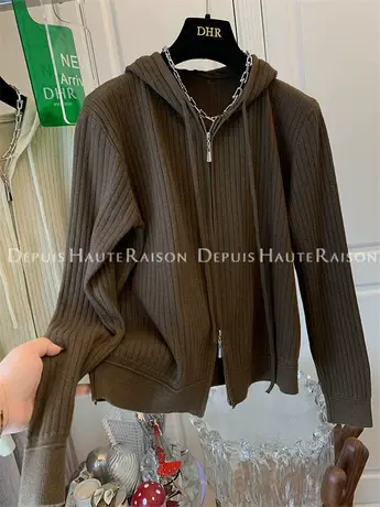 复古坑条拉链连帽衫针织衫毛衣套头开衫女宽松休闲百搭2022秋冬新商品大图
