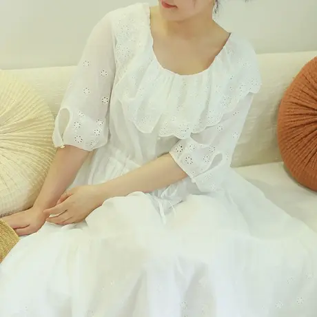 胖妹妹夏季2023新品棉质满幅绣花边连衣裙 大码微胖文艺宽松长裙图片