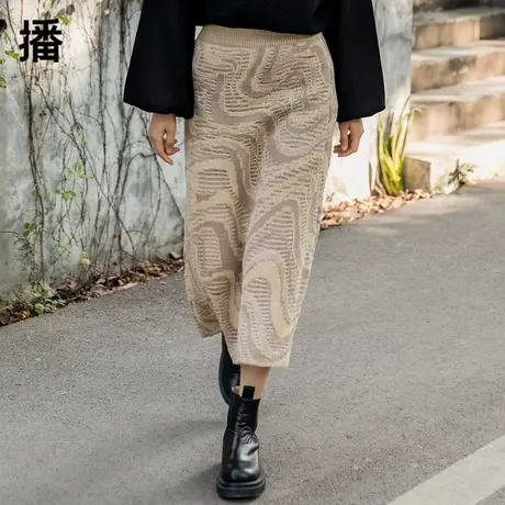 播2023秋季新款中长裙松紧腰A型提花高腰毛织半身裙女BDP1BD0833图片