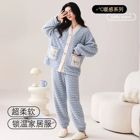 猫人睡衣女法兰绒秋冬季加绒加厚保暖冬天可外穿珊瑚绒女士家居服商品大图