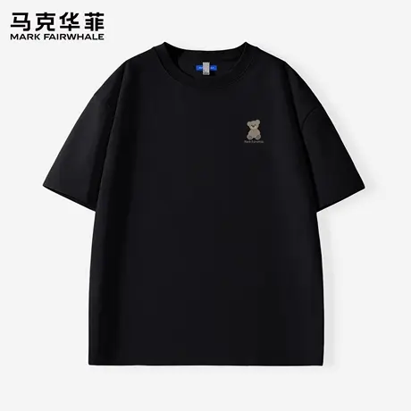 马克华菲黑色纯棉T恤男款短袖上衣2025新款小熊印花时尚半袖男潮X商品大图