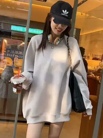 2023秋季新款简约设计纯色圆领长袖卫衣女宽松百搭套头上衣ins潮商品大图