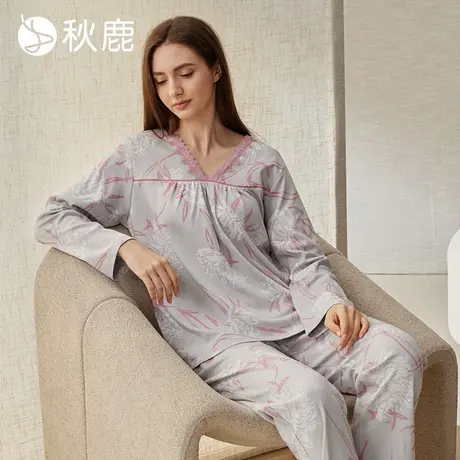 秋鹿【超柔软】纯棉睡衣女秋季V领印花长袖长裤可外穿家居服套装商品大图