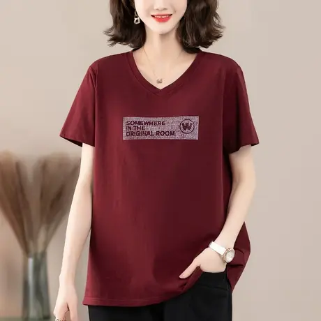 v领短袖T恤女夏季加肥加大码女装宽松中年妈妈烫钻纯棉显瘦上衣衫商品大图